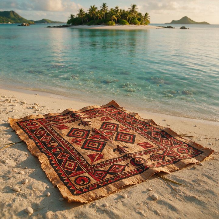 AI-generated image of hand-painted tapa cloth with bold geometric patterns