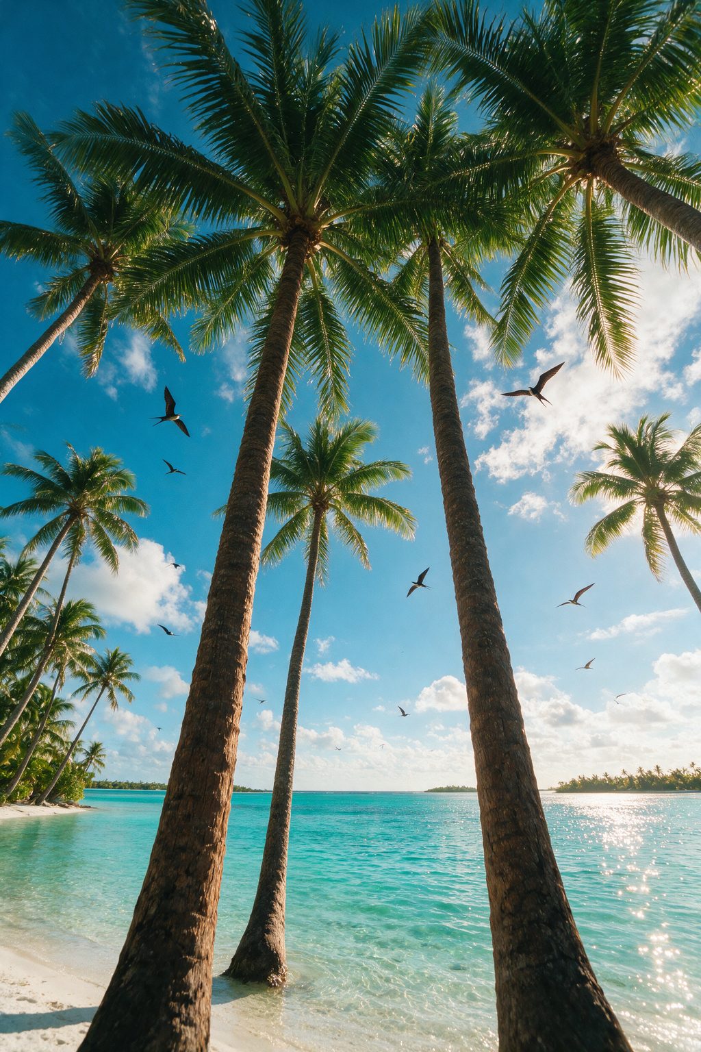 AI-generated image of towering palm trees viewed from directly below against a bright tropical sky