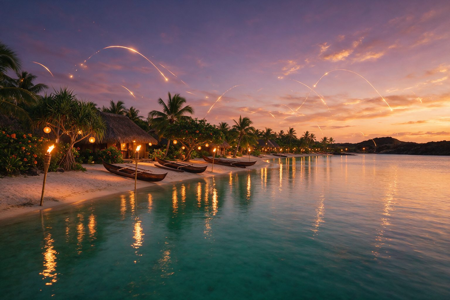 AI-generated image of a Polynesian lagoon at blue-hour dusk with warm tiki torches and long-exposure light trails on the water